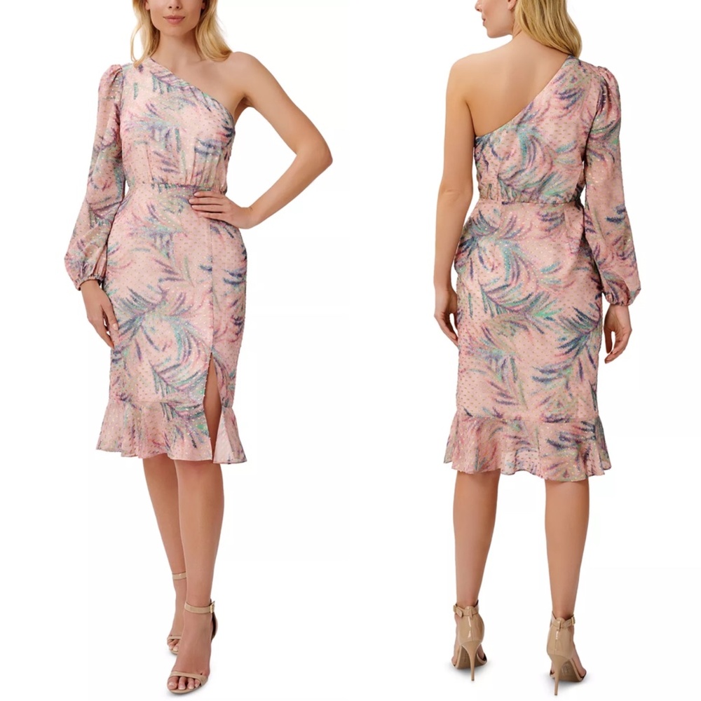 NEW AIDAN MATTOX One Shoulder PINK FLORAL Metallic CLIP DOT Ruffle SHEATH DRESS